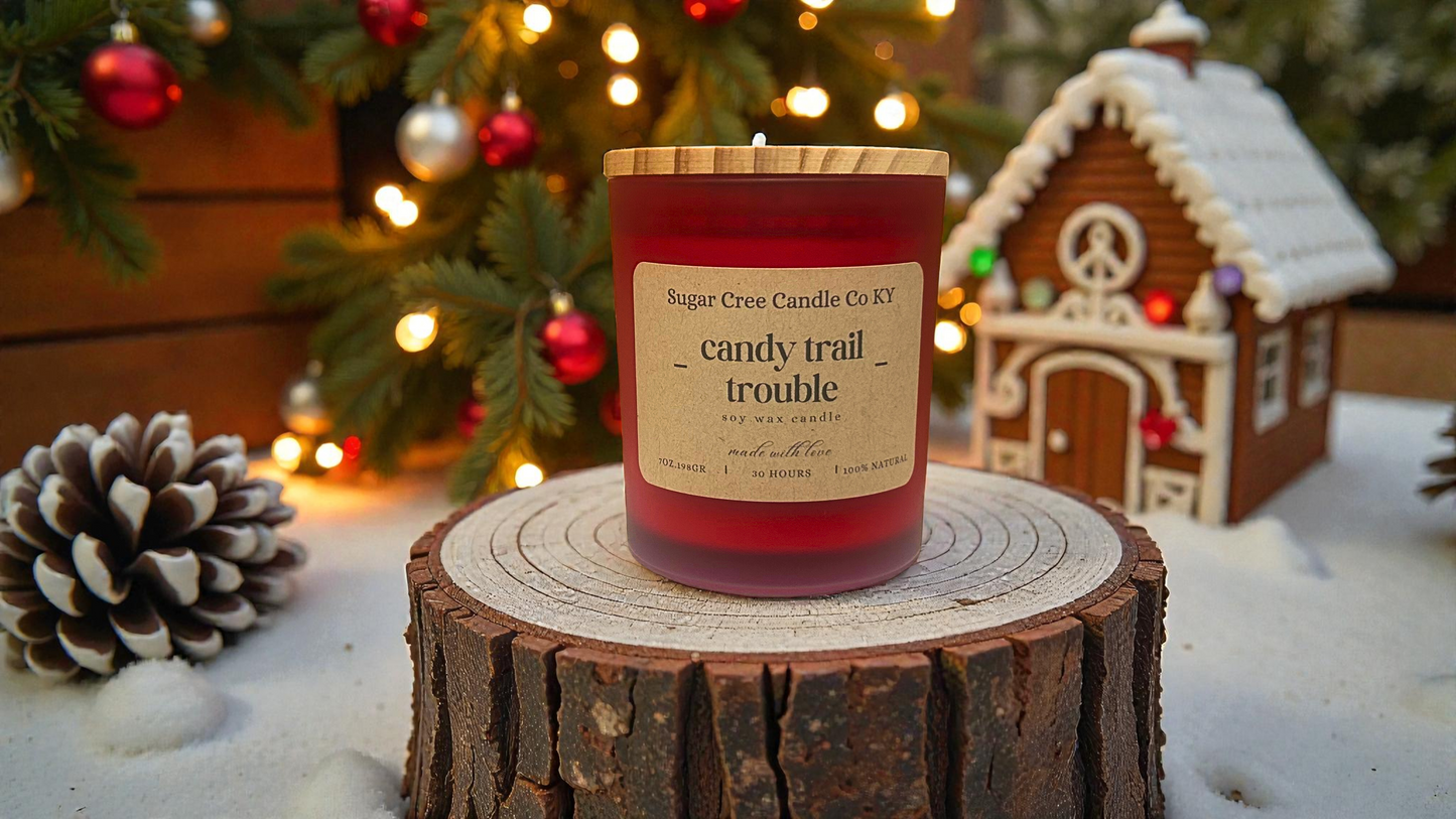 Candle Trail Trouble - soy wax candle, ginger, citrus, molasses, sugar, cinnamon, vanilla, nutmeg, chestnut, and butter