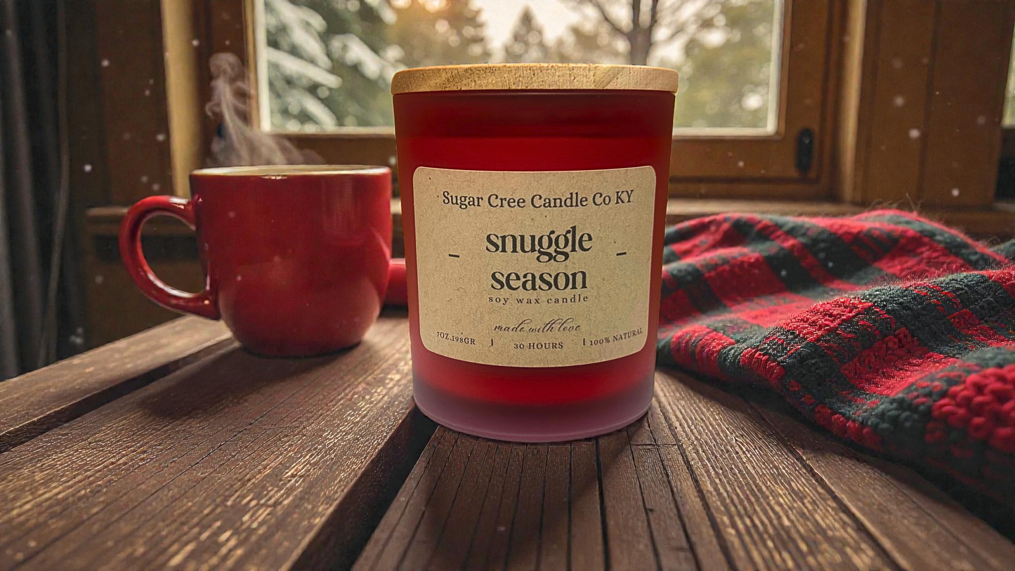 Snuggle Season - soy wax candle, winter berries, wood notes, snow covered pine needles, velvet moss, and vanilla musk