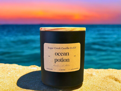 Ocean Potion - Soy wax candle, petitgrain, ozone, sea salt, plum, sandalwood, and dark musk