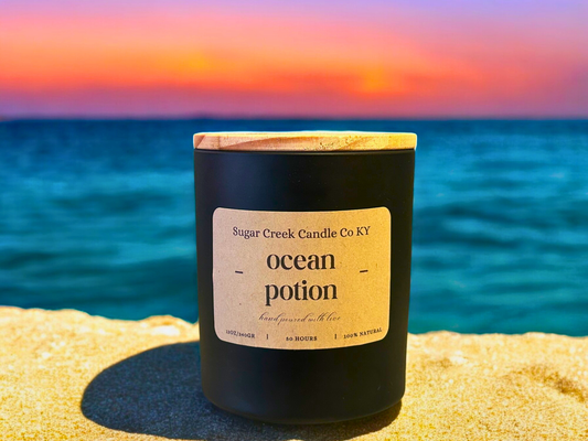 Ocean Potion - Soy wax candle, petitgrain, ozone, sea salt, plum, sandalwood, and dark musk