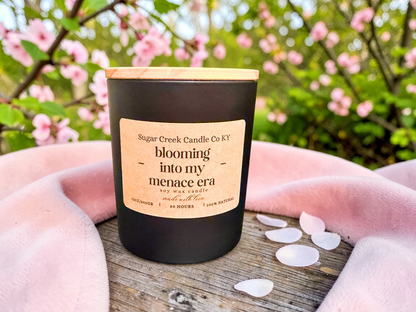 Blooming into my Menace Era - pink petals, white raspberry, soft blush suede, and vanilla