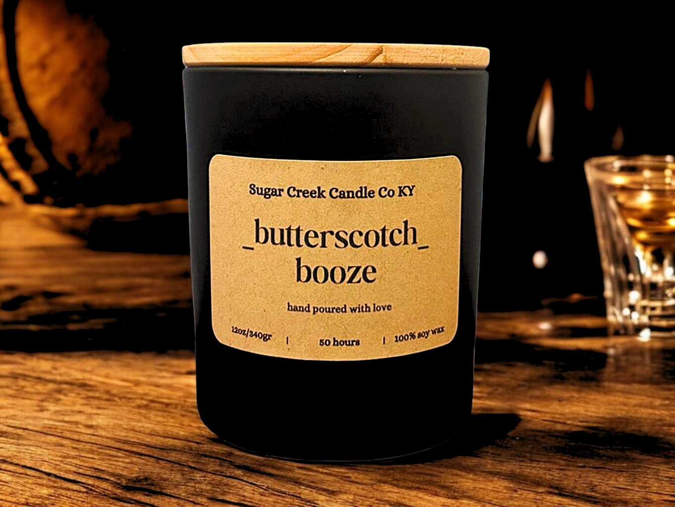 Butterscotch Booze - Soy wax candle, butterscotch, brown sugar, cardamon, bourbon, and oak