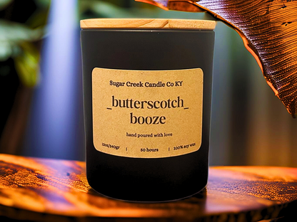 Butterscotch Booze - Soy wax candle, butterscotch, brown sugar, cardamon, bourbon, and oak