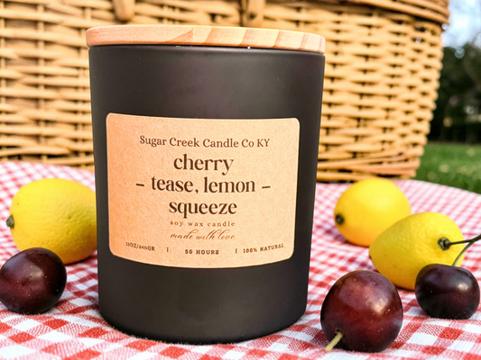 Cherry Tease, Lemon Squeeze - soy wax candle, tangy cherry, lemon, sparkling citrus and sugar