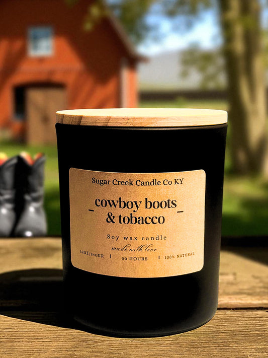 Cowboy Boots & Tobacco - soy wax candles, leather, incense, amber and vanilla tobacco