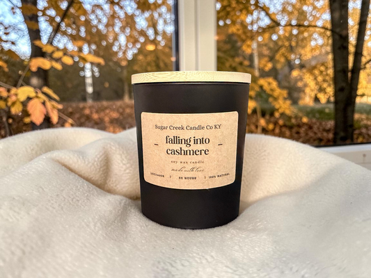 Falling in into Cashmere - soy wax candle, crisp Autumn air, bergamot, golden apple, leaves, cashmere, amber, sandalwood, and cedarwood
