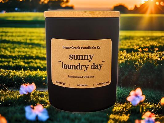 Sunny Laundry Day - Soy wax candle, Cotton blossom, linen, powder, sandlewood, and violet