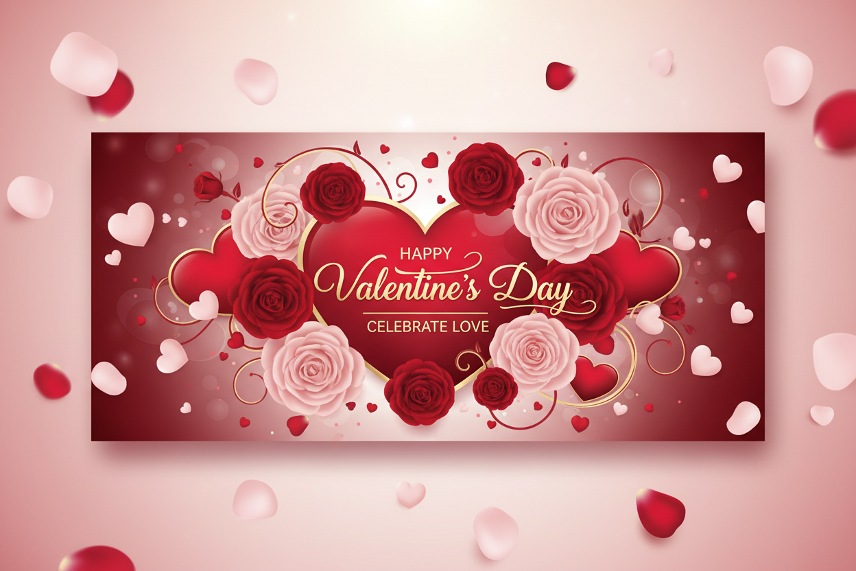 valentine's day banner with hearts and roses