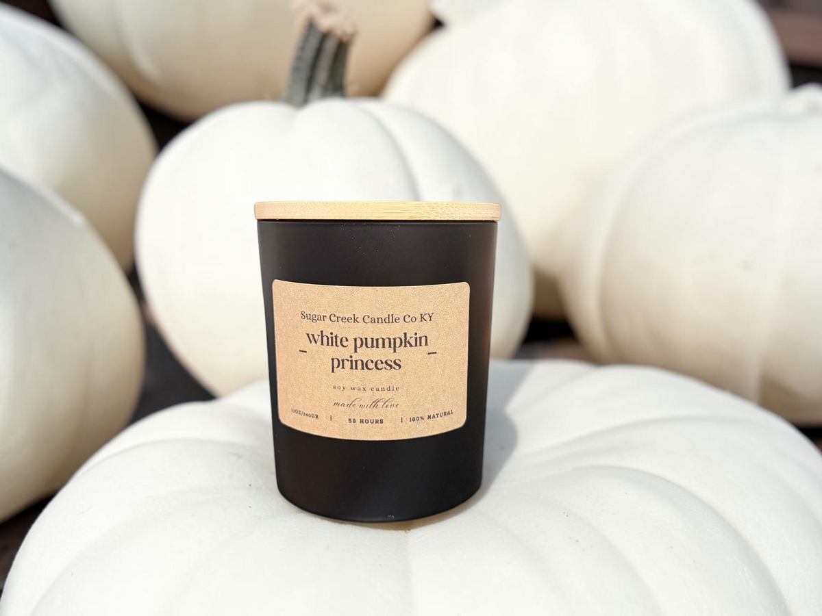 White Pumpkin Princess - soy wax candle, pumpkin, cinnamon, clove, nutmeg, vanilla, soft woods, and musk